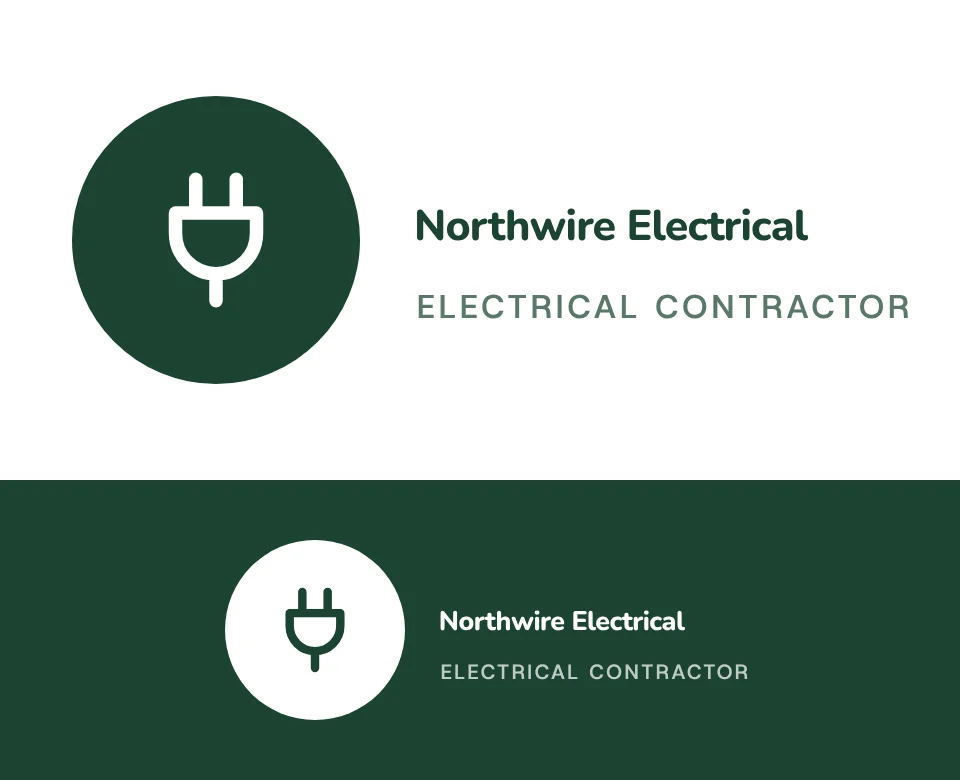 Electrical contractor logo concept for Northwire Electrical: a symbol in a circle beside the name with a plug, shown on white and on its own colour