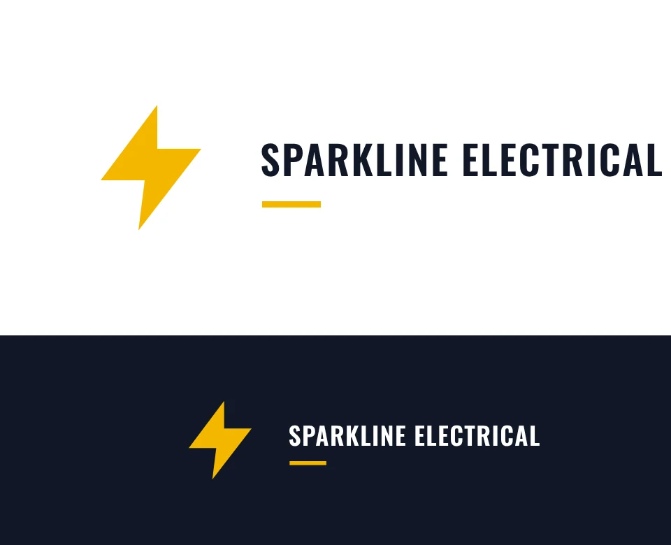 Electrician logo concept for Sparkline Electrical: a symbol and name with a lightning bolt, shown on white and on its own colour