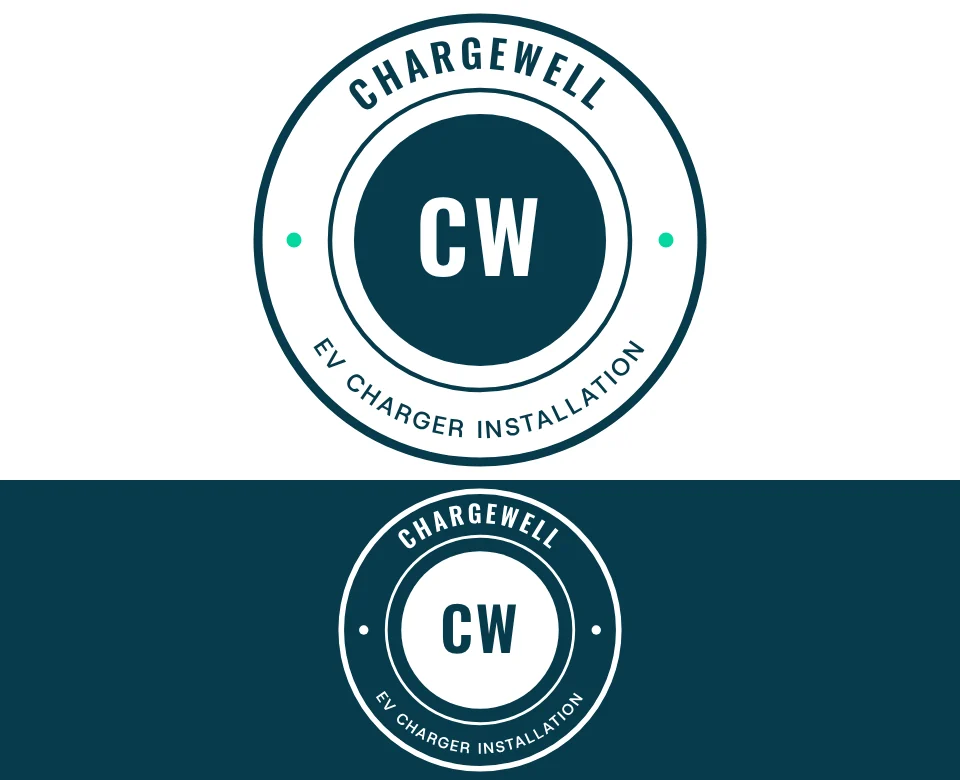 EV charger installation logo concept for Chargewell: a round badge, shown on white and on its own colour