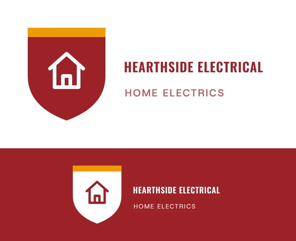Home electrics logo concept for Hearthside Electrical: a shield emblem with a house, shown on white and on its own colour