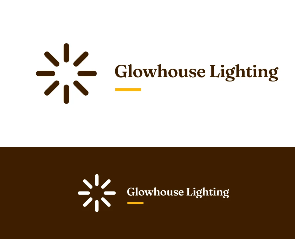 Lighting design and installation logo concept for Glowhouse Lighting: a symbol and name with a spark, shown on white and on its own colour