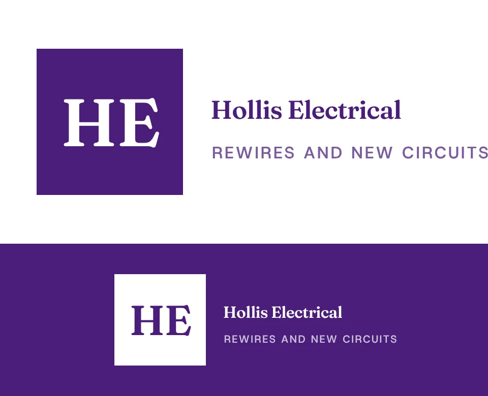 Rewires and new circuits logo concept for Hollis Electrical: a monogram, shown on white and on its own colour