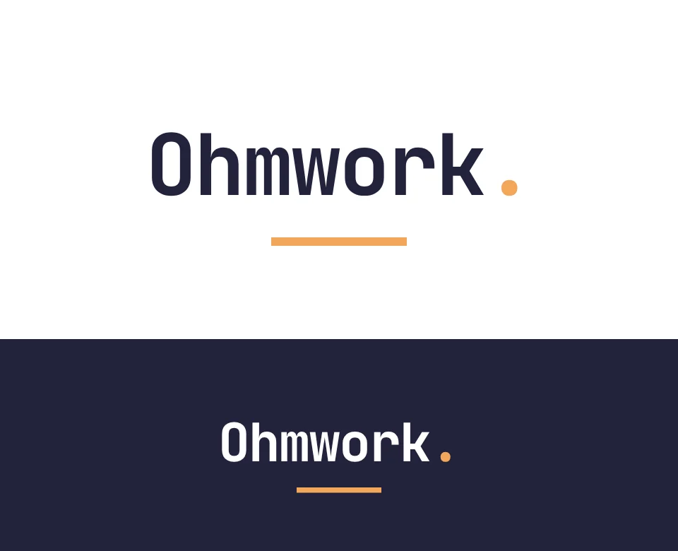Testing and inspection logo concept for Ohmwork: a wordmark, shown on white and on its own colour