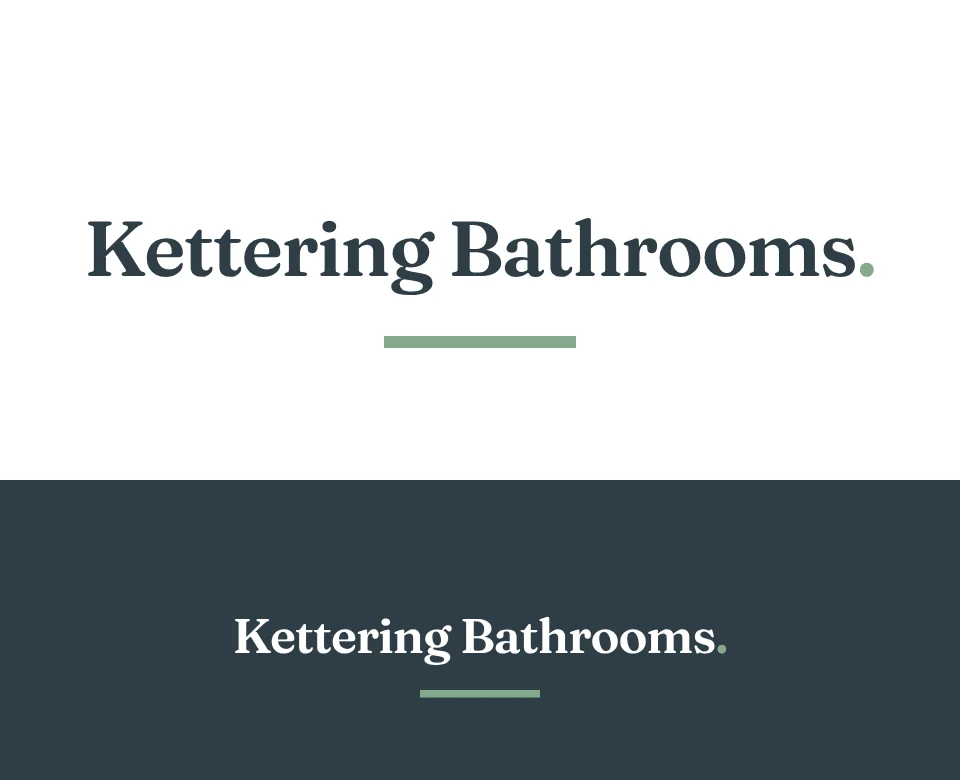 Bathroom fitter logo concept for Kettering Bathrooms: a wordmark, shown on white and on its own colour