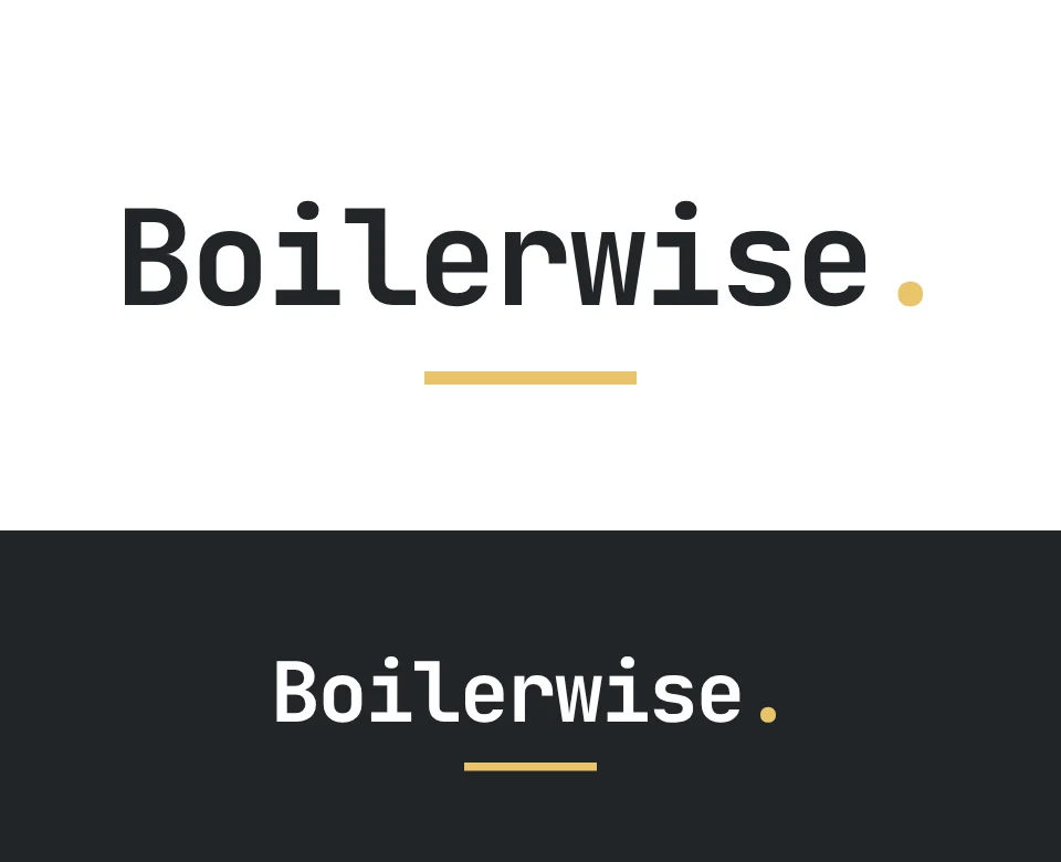 Boiler installation logo concept for Boilerwise: a wordmark, shown on white and on its own colour