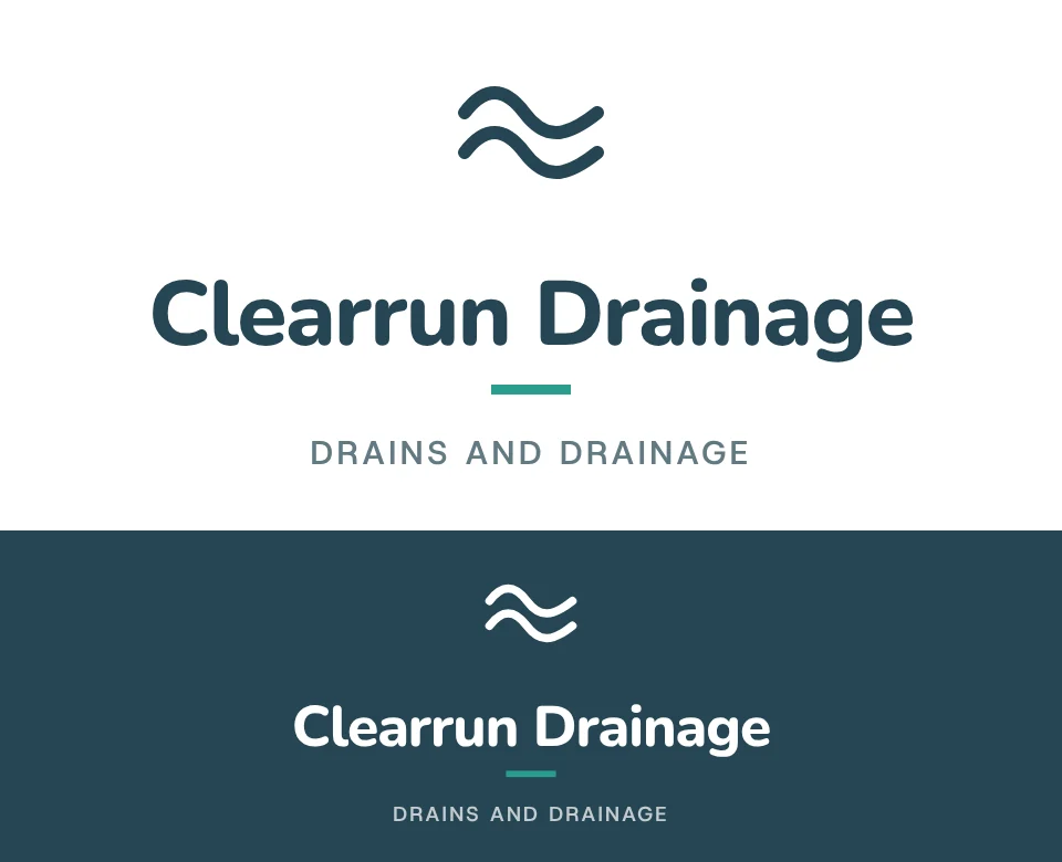 Drains and drainage logo concept for Clearrun Drainage: a stacked symbol and name with a wave, shown on white and on its own colour