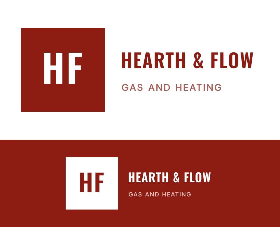 Gas and heating logo concept for Hearth & Flow: a monogram, shown on white and on its own colour