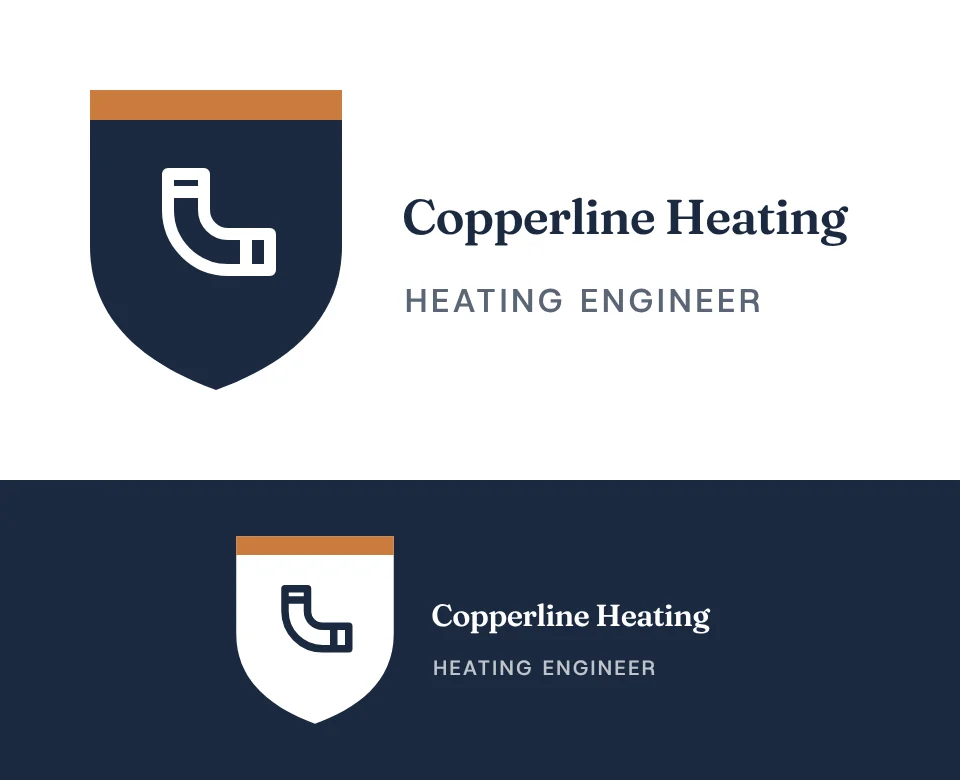Heating engineer logo concept for Copperline Heating: a shield emblem with a pipe bend, shown on white and on its own colour