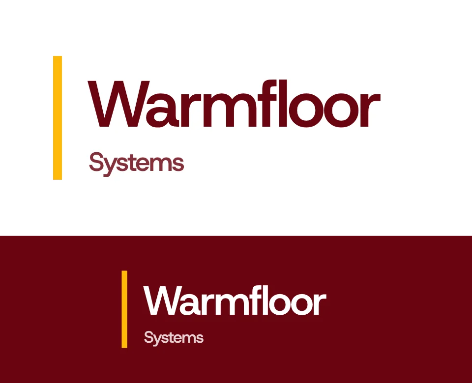 Underfloor heating logo concept for Warmfloor Systems: a two-line wordmark, shown on white and on its own colour