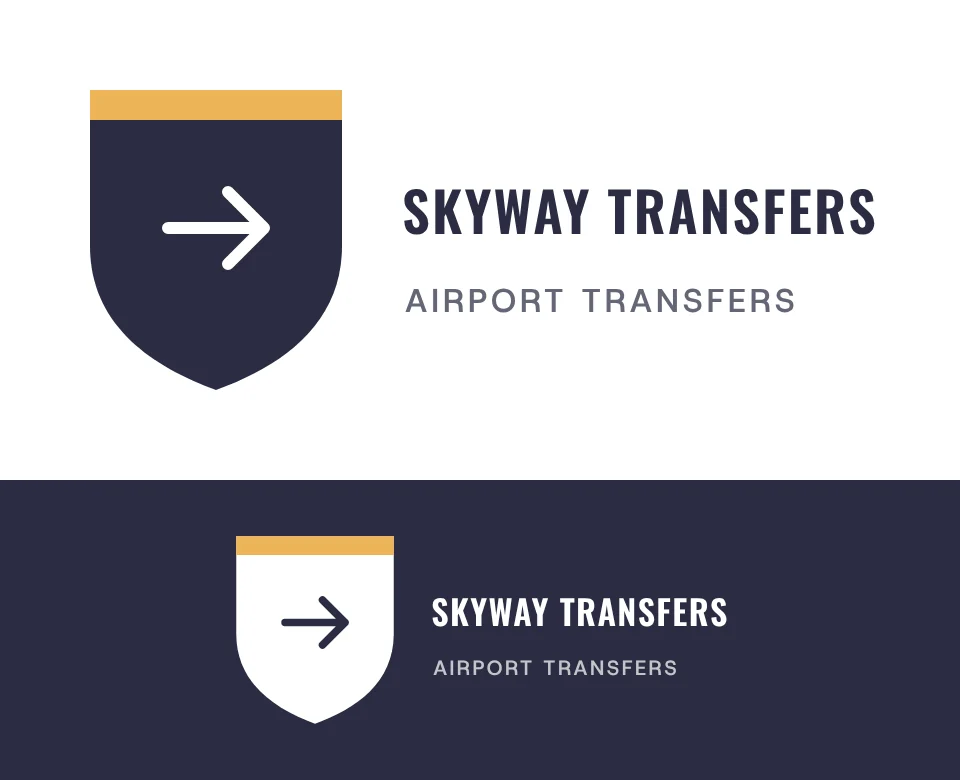Airport transfers logo concept for Skyway Transfers: a shield emblem with a arrow, shown on white and on its own colour