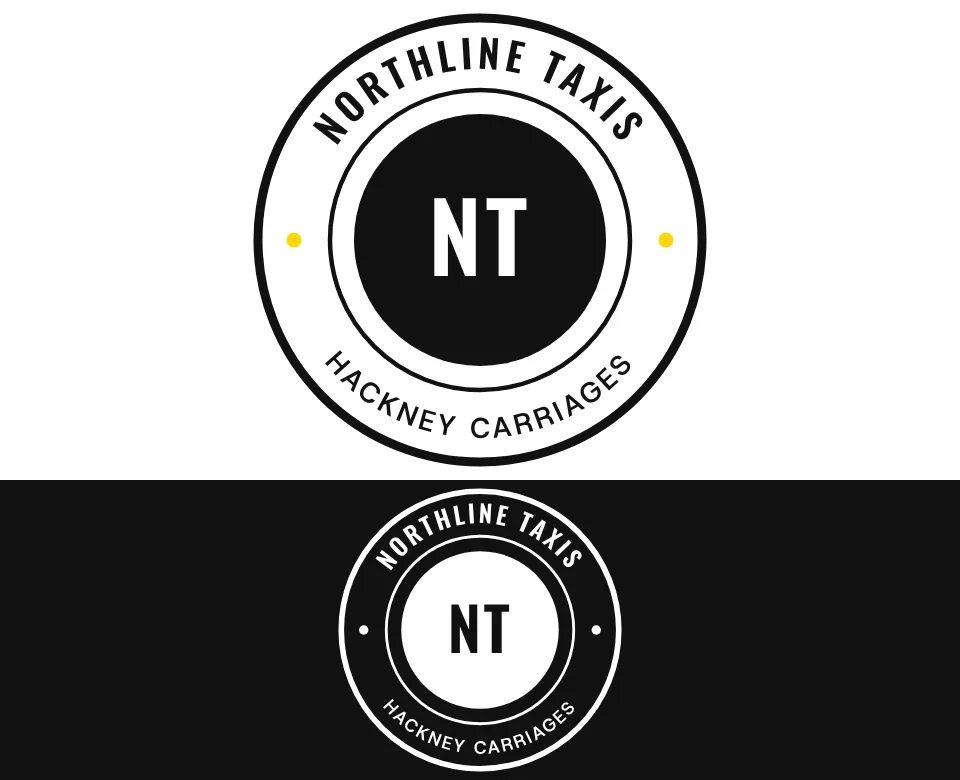 Hackney carriages logo concept for Northline Taxis: a round badge, shown on white and on its own colour