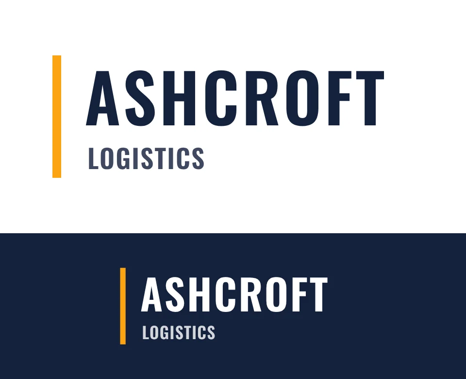 Haulage and logistics logo concept for Ashcroft Logistics: a two-line wordmark, shown on white and on its own colour