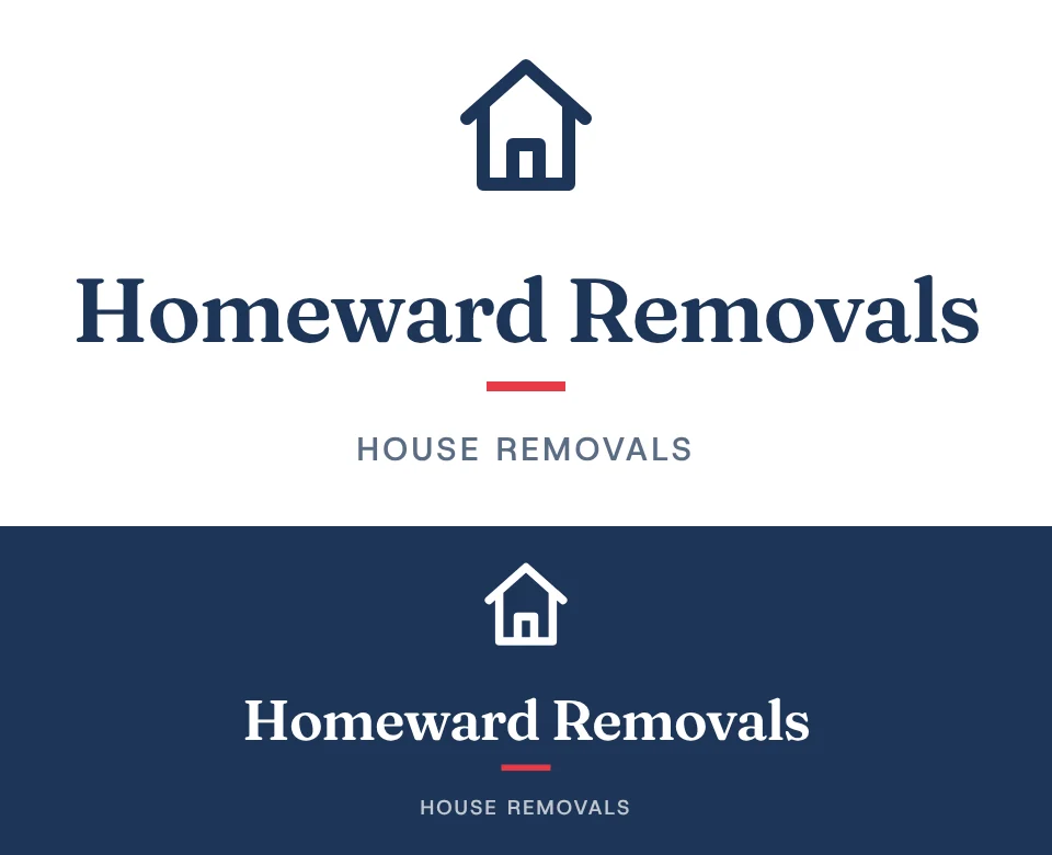 House removals logo concept for Homeward Removals: a stacked symbol and name with a house, shown on white and on its own colour