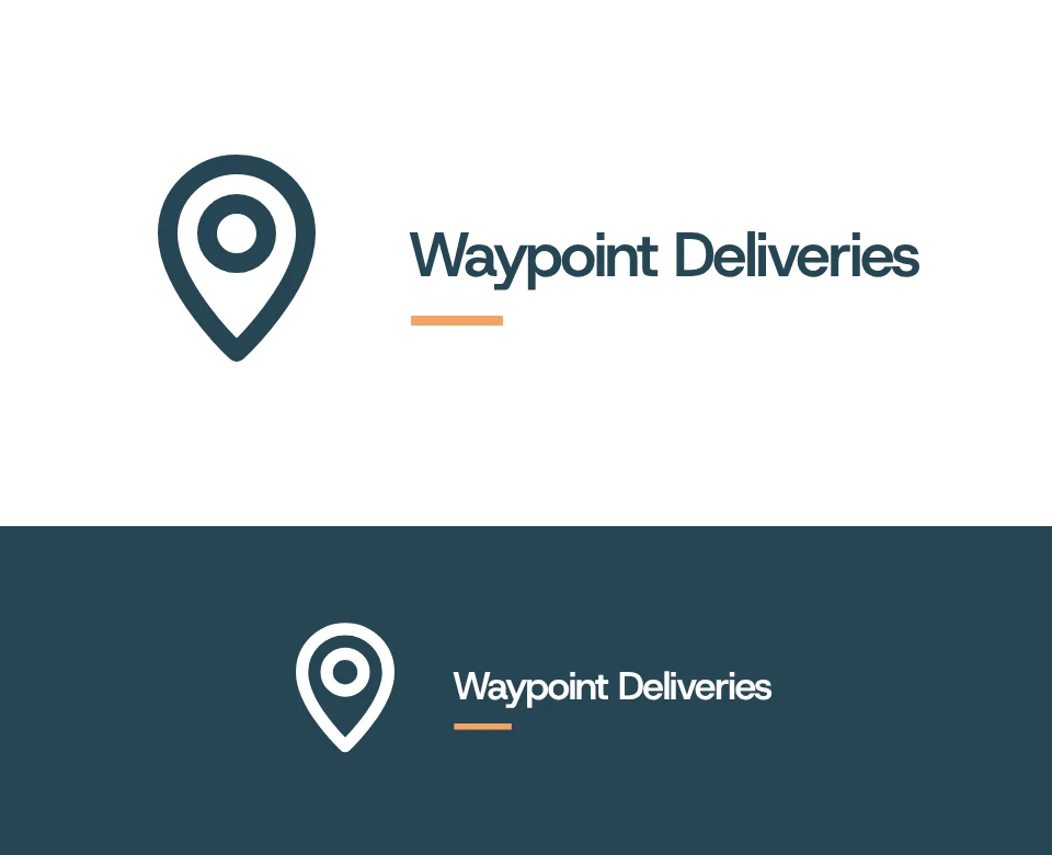 Local delivery logo concept for Waypoint Deliveries: a symbol and name with a map pin, shown on white and on its own colour