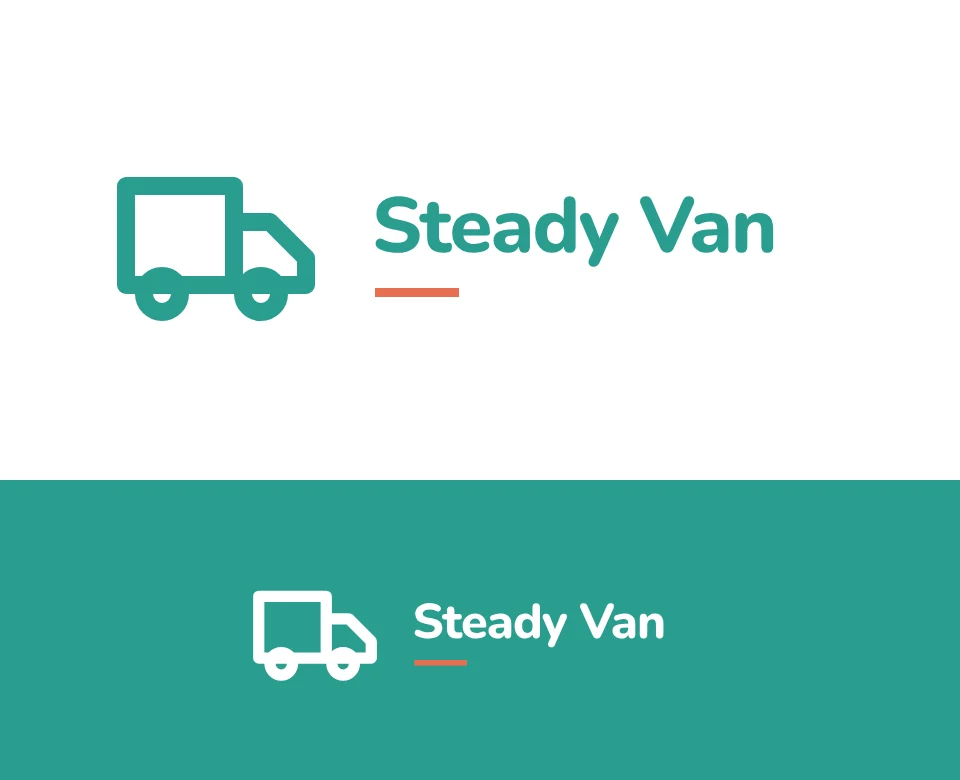 Man and van logo concept for Steady Van: a symbol and name with a van, shown on white and on its own colour