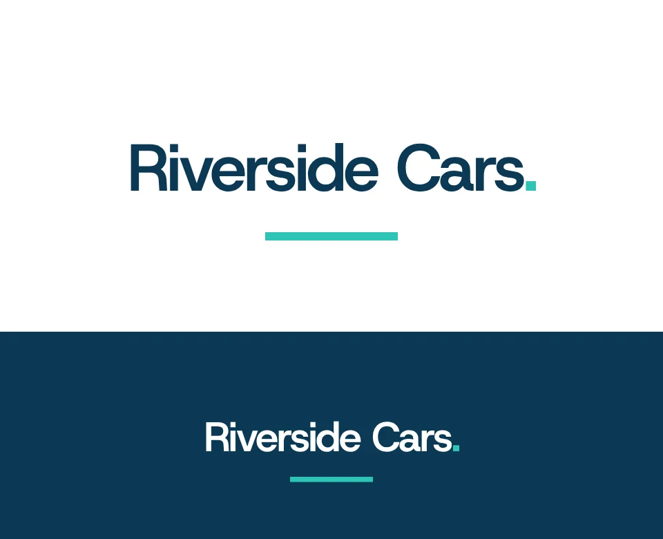 Private hire logo concept for Riverside Cars: a wordmark, shown on white and on its own colour
