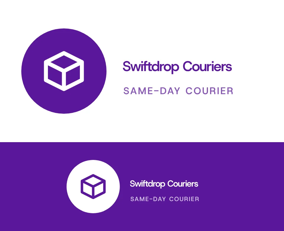 Same-day courier logo concept for Swiftdrop Couriers: a symbol in a circle beside the name with a parcel, shown on white and on its own colour